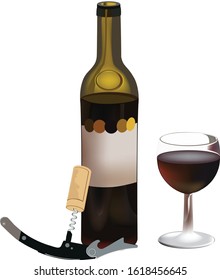 open red wine bottle with goblet and corkscrew