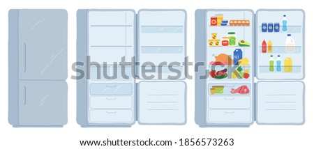 Open refrigerator. Closed, empty and full of food fridge. Cool shelves with meat, dairy, drinks and cans. Cartoon kitchen freezer vector set. Illustration refrigerator equipment inside storage