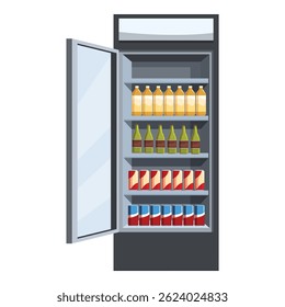 Open refrigerator displaying various bottled beverages and canned drinks on shelves, offering refreshing choices
