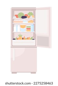 Open refrigerator filled with healthy food semi flat color vector object. Editable icon. Full sized element on white. Simple cartoon style spot illustration for web graphic design and animation