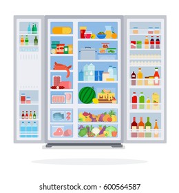 Open refrigerator filled with product vector flat material design isolated on white