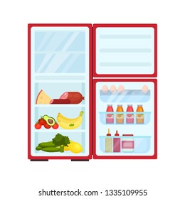 Open refrigerator filled with products. Fresh fruits and vegetables, cheese and sausages. Flat vector design