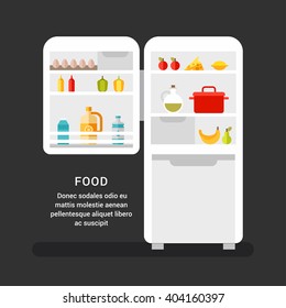 Open Refrigerator with Food. Flat Style Vector Illustration. Food Concept