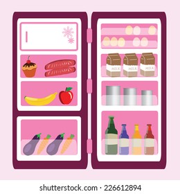 open refrigerator with foods and drinks.  vector illustration