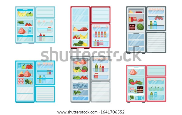 Open\
Refrigerator with Fresh Food Inside Vector\
Set