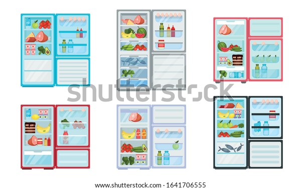 Open\
Refrigerator with Fresh Food Inside Vector\
Set