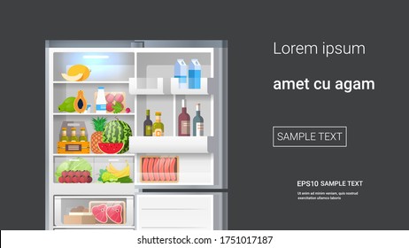 refrigerador abierto lleno de espacio de copia de alimentos frescos ilustración vectorial horizontal