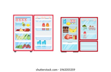 Open Refrigerator or Fridge as Home Appliance for Food Storage with Foodstuff Inside Vector Set