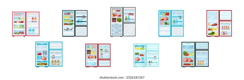 Open Refrigerator or Fridge as Home Appliance for Food Storage with Foodstuff Inside Vector Set