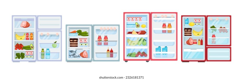 Open Refrigerator or Fridge as Home Appliance for Food Storage with Foodstuff Inside Vector Set