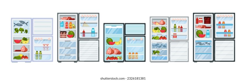 Open Refrigerator or Fridge as Home Appliance for Food Storage with Foodstuff Inside Vector Set