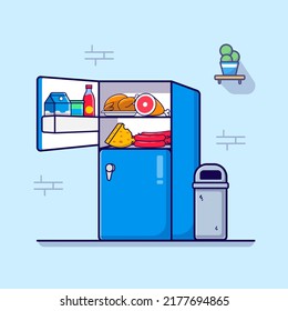 Open Refrigerator Fridge Set With Food And Drink Illustration Vector Isolated Flat Design