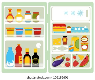 Open refrigerator full of food and drinks