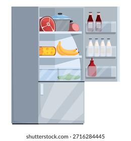 El refrigerador abierto está lleno de alimentos, bebidas y sobras, mostrando un electrodoméstico de cocina bien surtido