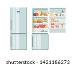 Open refrigerator. Healthy food in frozy refrigerator vegetables meat juce cakes steak supermarket products vector pictures. Illustration of refrigerator with bottle beverage and food