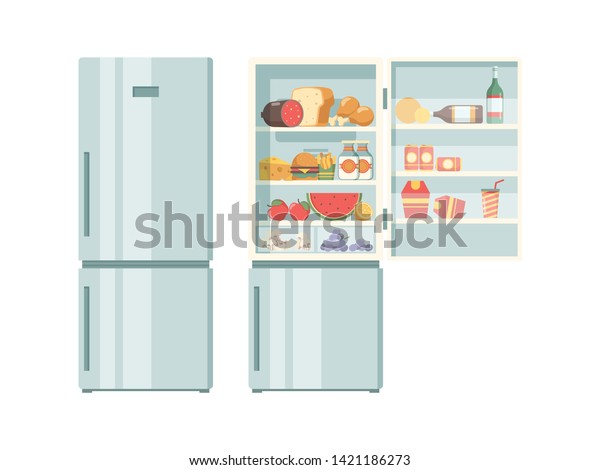 Open
refrigerator. Healthy food in frozy refrigerator vegetables meat
juce cakes steak supermarket products vector pictures. Illustration
of refrigerator with bottle beverage and
food
