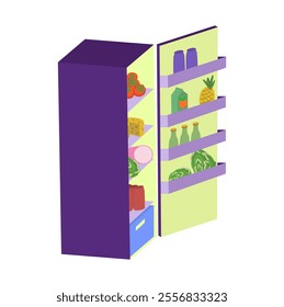 Open Refrigerator with Plenty of Food. Overeating Guilty Pleasure. Late Snack on Midnight.Unhealthy Bad Habbits in Vector Illustration. Overweight Diet. Junk Food Addiction Banner Image.