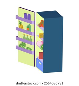 Open Refrigerator with Plenty of Food. Overeating Guilty Pleasure. Late Snack on Midnight.Unhealthy Bad Habbits in Vector Illustration. Overweight Diet. Junk Food Addiction Banner Image.