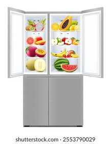 Open refrigerator with two doors full of products. Opened fridge filled with fresh fruits and vegetables isolated on white background. Vegetarian meals. Saving freshness of products. . Realistic 3d ve