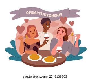 Abrir cartaz do relacionamento. Homem com duas mulheres. Amor e romance. Família feliz. Triângulo amoroso. Paixão e romance. Cartaz ou banner. Ilustração de vetor plano isolada no plano de fundo branco
