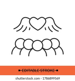 Open relationships icon. Group of people gathering under flying heart linear pictogram. Concept of free love social movement, pride and diversity acceptance. Editable stroke vector illustration