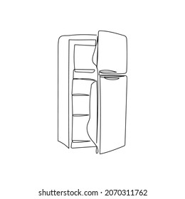 Open retro refrigerator continuous line drawing. One line art of home appliance, kitchen, electrical, freezer, food storage.