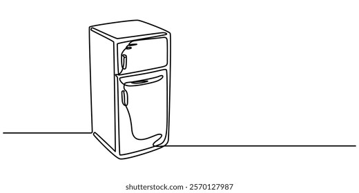 Open retro refrigerator continuous line drawing. One line art of home appliance, kitchen, electrical, freezer, food storage, One line drawing of refrigerator in retro style. Continuous line drawing. 