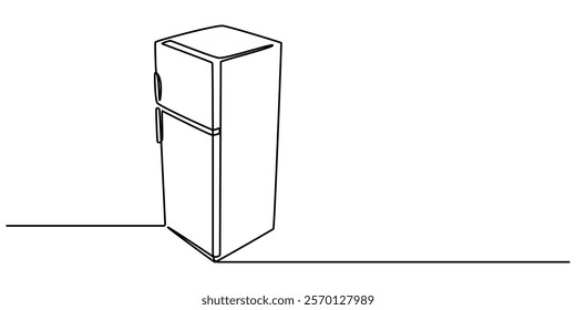 Open retro refrigerator continuous line drawing. One line art of home appliance, kitchen, electrical, freezer, food storage, One line drawing of refrigerator in retro style. Continuous line drawing. 