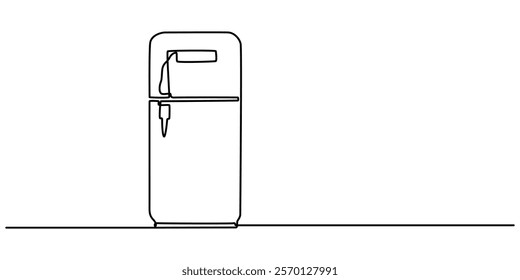 Open retro refrigerator continuous line drawing. One line art of home appliance, kitchen, electrical, freezer, food storage, One line drawing of refrigerator in retro style. Continuous line drawing. 