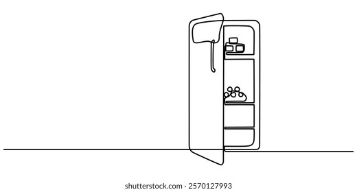 Open retro refrigerator continuous line drawing. One line art of home appliance, kitchen, electrical, freezer, food storage, One line drawing of refrigerator in retro style. Continuous line drawing. 