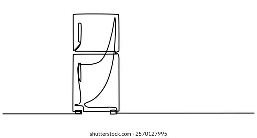 Open retro refrigerator continuous line drawing. One line art of home appliance, kitchen, electrical, freezer, food storage, One line drawing of refrigerator in retro style. Continuous line drawing. 