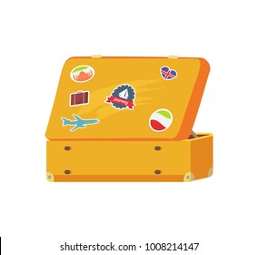 Open retro suitcase with memory stickers sailboat, flying plane, flag of Italy and Iceland, sightseeings worth of seeing, travelling concept vector