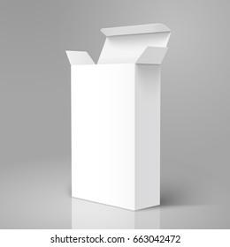 open right tilt blank paper tall box 3d illustration, can be used as design element, isolated gray background, side view