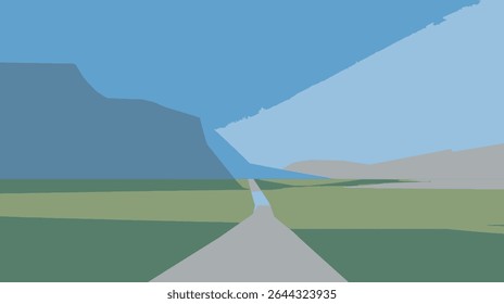 Open road stretches toward distant mountains green fields under blue sky