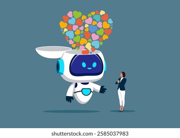 Open robot head with explosion of love. Love affair. Modern flat vector illustration