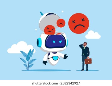 Open robot head to see angry faces. Concept of bad new and idea. Burnout from tiring work or demotivation from failure, stress. AI assistant support. Flat vector illustration.