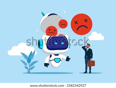 Open robot head to see angry faces. Concept of bad new and idea. Burnout from tiring work or demotivation from failure, stress. AI assistant support. Flat vector illustration.