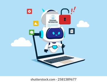 Open robot head to see Blocked Account. Online Information Hacking. Hacking and exploit results. Artificial intelligence. Flat vector Illustration.