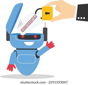 Open robot head to see confidential document. Locked with padlock technology. AI assistant support. Modern flat vector illustration

