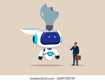 Open robot head to see crashed lightbulb. Business idea trap concept. Artificial intelligence. Vector illustration