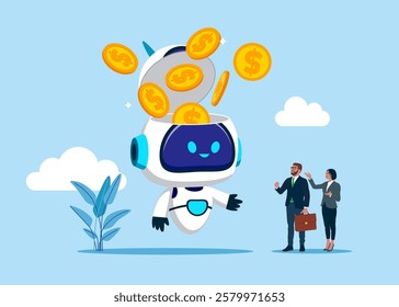 Open robot head to see Golden Coins. Savings, Collecting Money in Account, Open Bank Deposit. World economic vision for business, technology or investment. Artificial intelligence. Vector illustration