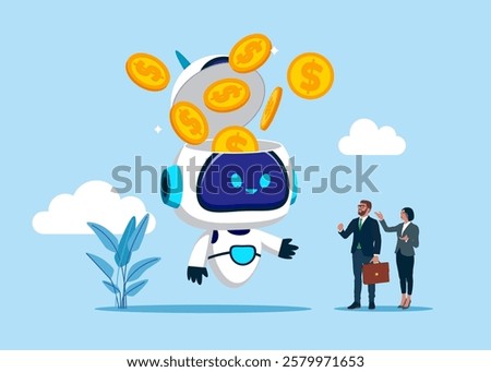 Open robot head to see Golden Coins. Savings, Collecting Money in Account, Open Bank Deposit. World economic vision for business, technology or investment. Artificial intelligence. Vector illustration