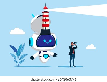 Open robot head to see lighthouse. Idea search. Goal on note. Brainstorming to gather new idea. Artificial intelligence. Vector illustration
