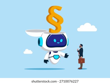Abra la cabeza del robot para ver el símbolo del párrafo. Proteger los derechos de los trabajadores cuando son despedidos del trabajo. Inteligencia artificial. Ilustración vectorial plana