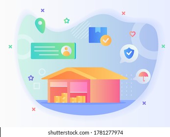 Open rolling door warehouse building background of box package address location point shield umbrella with flat style