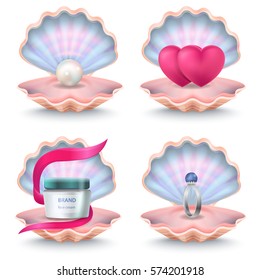 Open rosy shells with face cream bottle, two pink hearts, wedding ring with stone and white pearl inside. Vector poster of seashells used as festive boxes with decorative and precious elements.