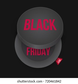 Open round black empty paper package or box with red inscription black friday and label 2017 isolated on black background. Template for marketing promotion, branding, advertising. Vector illustration.