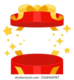 Open a round or circle mystery gift box with a yellow ribbon on isolated white background. Random secret loot box concept. Vector illustration isometric cartoon flat design.