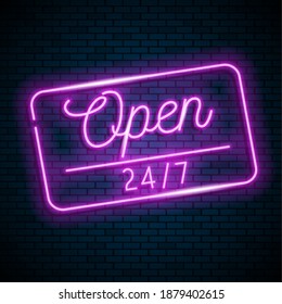 Open round the clock  sign on brick wall background. Realistic glowing neon inscription. Vector