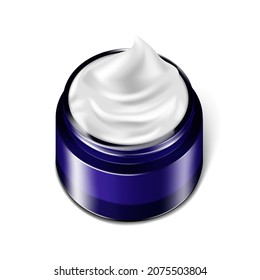 Open round dark blue glass jar of men skin care cream, realistic vector illustration. Male skincare product. Template for design